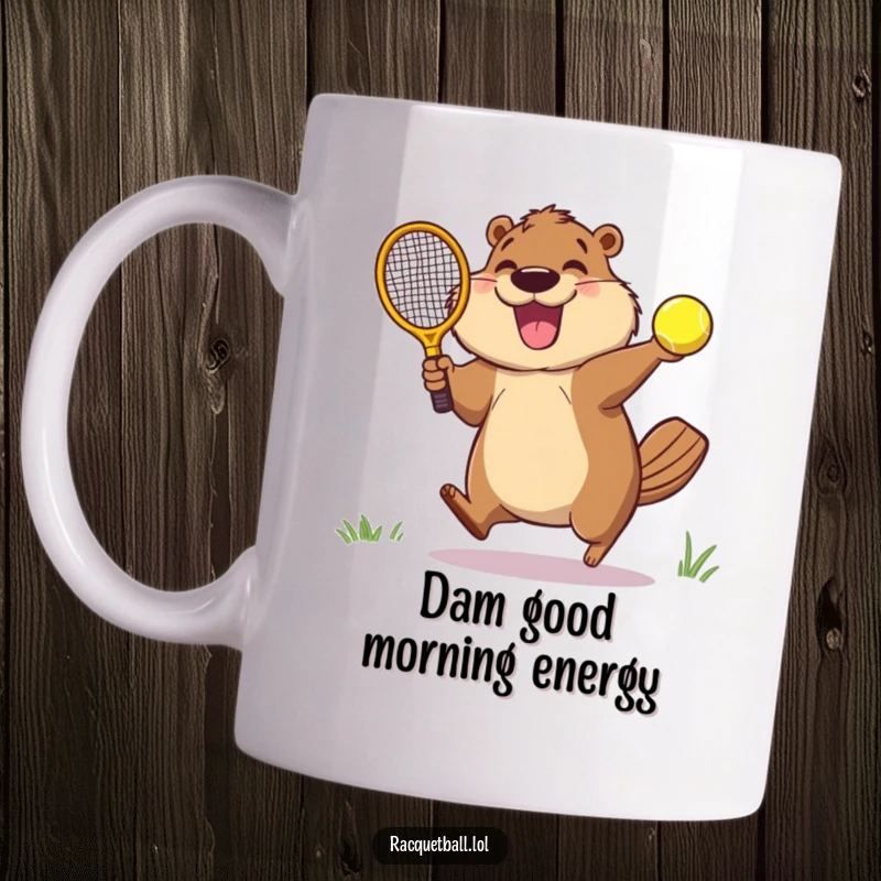 Funny mug showing a jubilant beaver leaping high, racquetball paddle ready, to smash a bouncing ball with infectious glee.
