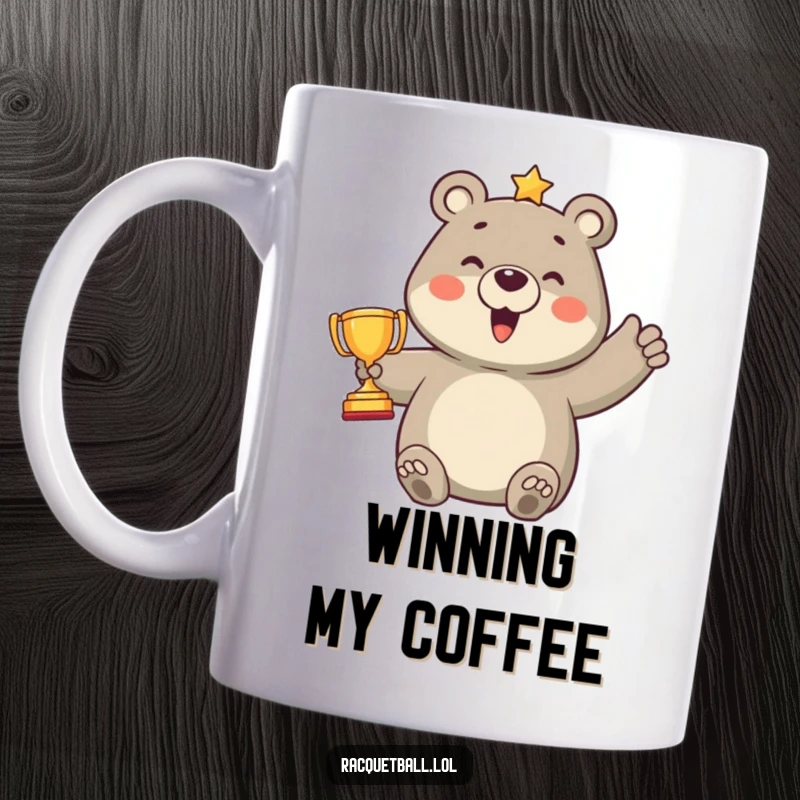 Funny mug with a proud bear character exulting over scoring a point and holding a ridiculously small trophy, celebrating a humorous sports win.