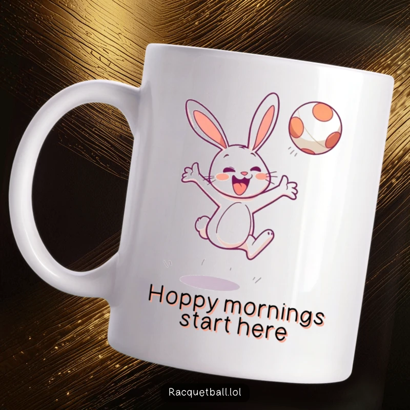 Funny mug showing a cheerful bunny character leaping high to hit a floating ball with great enthusiasm.