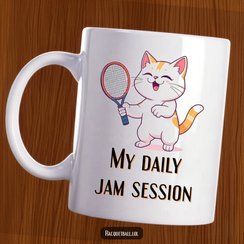 Funny cat mug showing a determined feline player intensely shaking a racquetball racquet with pure joy and excitement on the court.