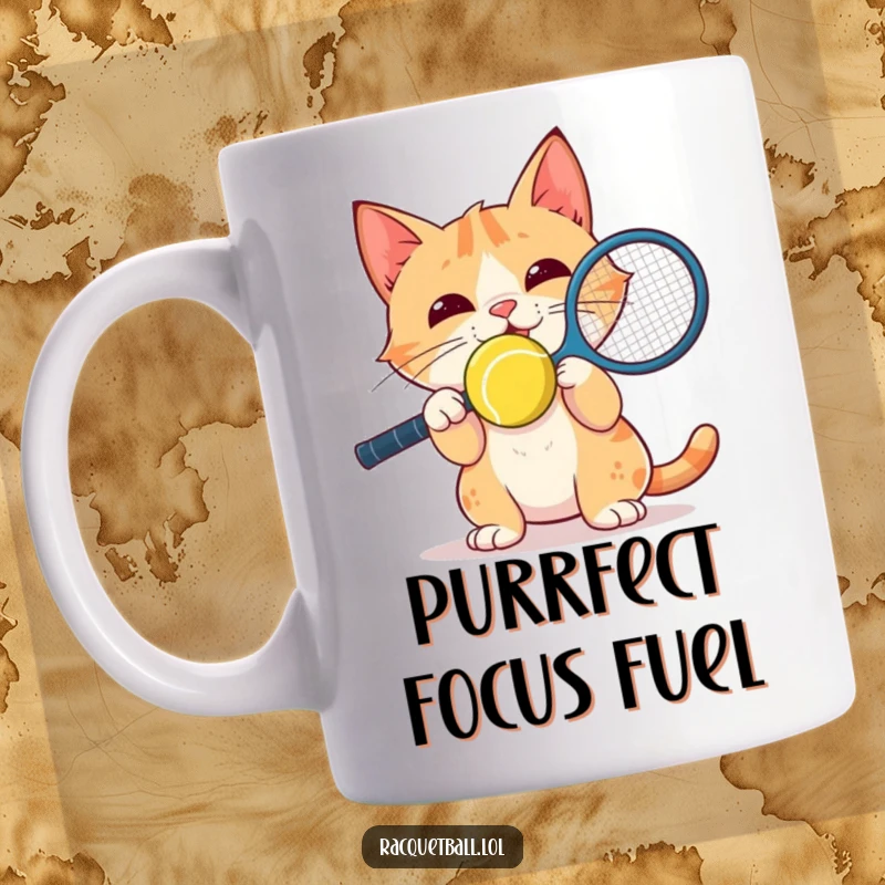 Funny Mug: A delighted cat intensely focuses on bouncing a racquetball on its nose with impressive skill and energy.