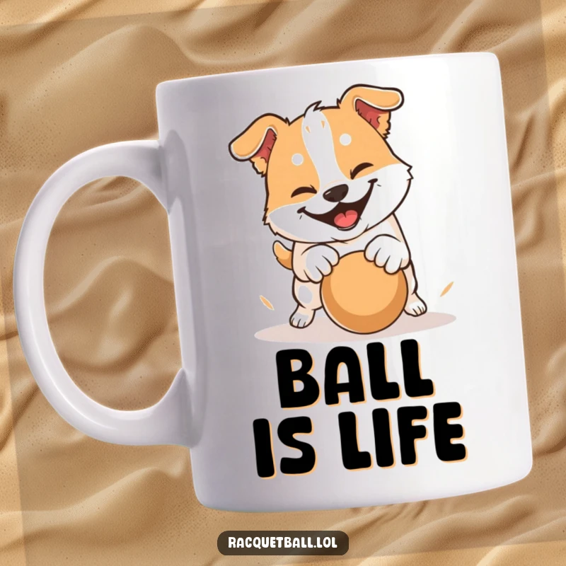 Funny mug depicting a dog with a determined grin hitting a ball with an enthusiastic and playful pounce.