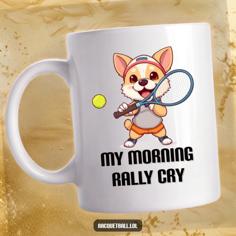 Funny dog tennis mug with a determined pup in athletic gear smashing a ball with a huge smile.