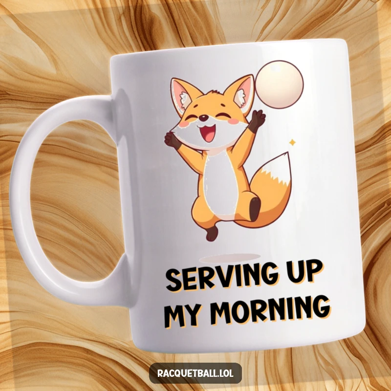 Funny fox mug showing a happy fox jumping high in the air with excitement to hit a floating ball, full of playful energy.