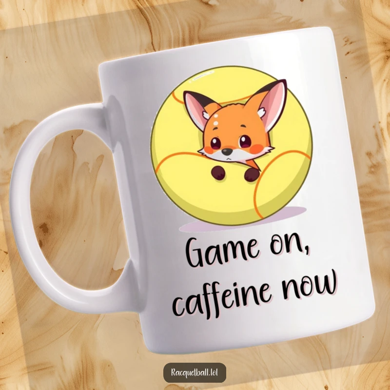 Funny fox peeking from behind a huge racquetball, looking mischievous and ready to play, on a coffee mug.