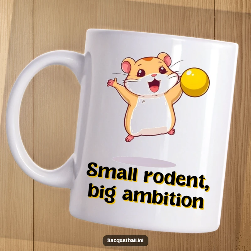 Funny mug showing a determined hamster leaping with all its might to smash a bright yellow ball.