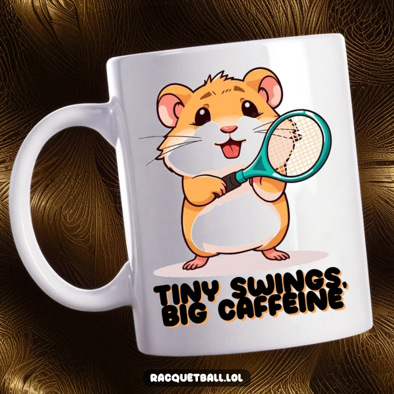 Funny mug showing a determined hamster character swinging a miniature plastic tennis racquet with intense focus.