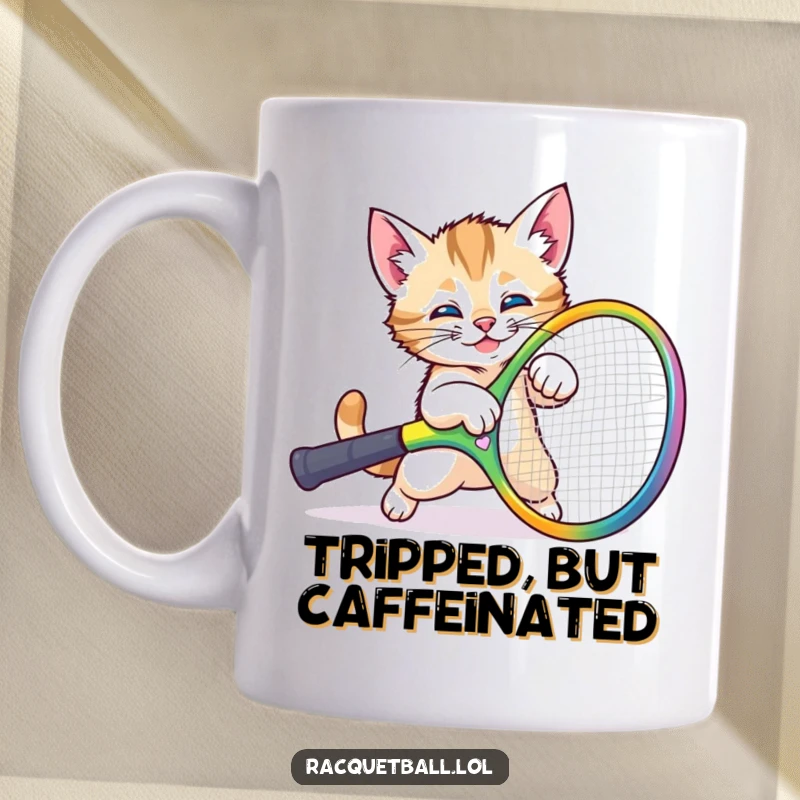 Funny kitten racquet mug showing a fluffy cat comically tripping over a giant, oversized, colorful tennis racquet, evoking playful chaos.