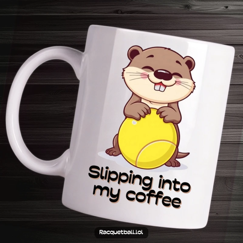 Funny otter mug, a playful otter comically tripping over a giant racquetball while smiling brightly.