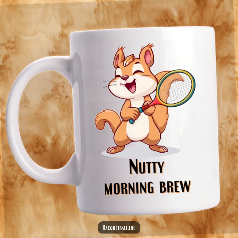 Funny squirrel tennis mug showing a joyful squirrel swinging a tiny racquet with immense effort.