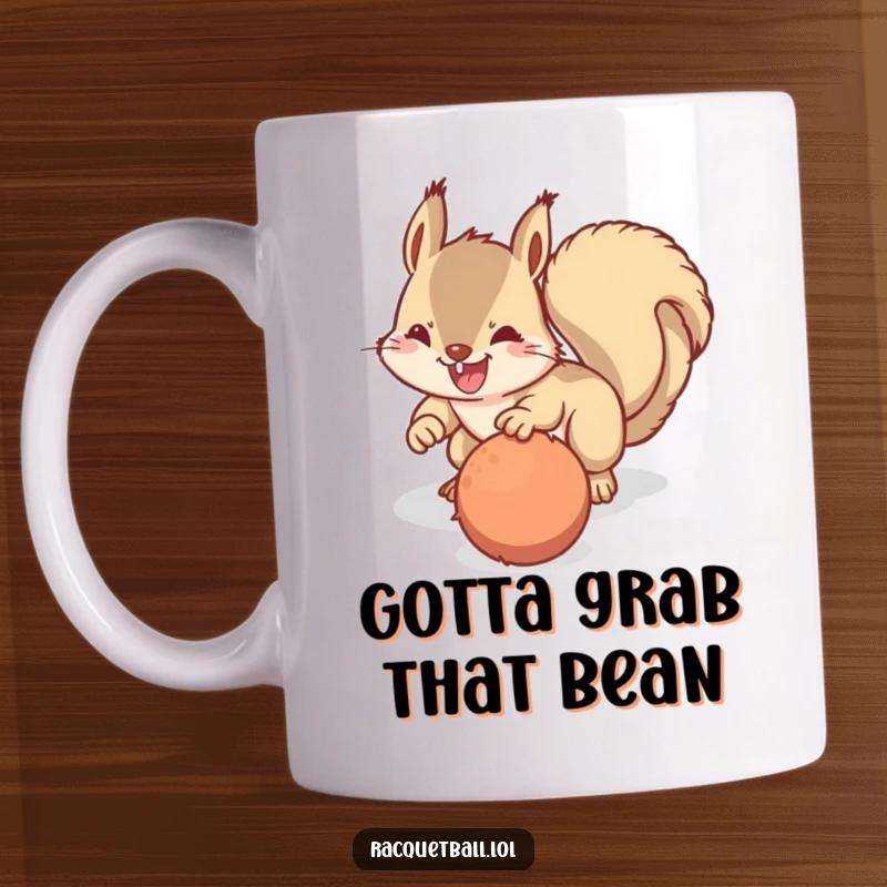 Funny mug depicting a happy squirrel making a determined, mid-air dive towards a fuzzy ball with intense focus.