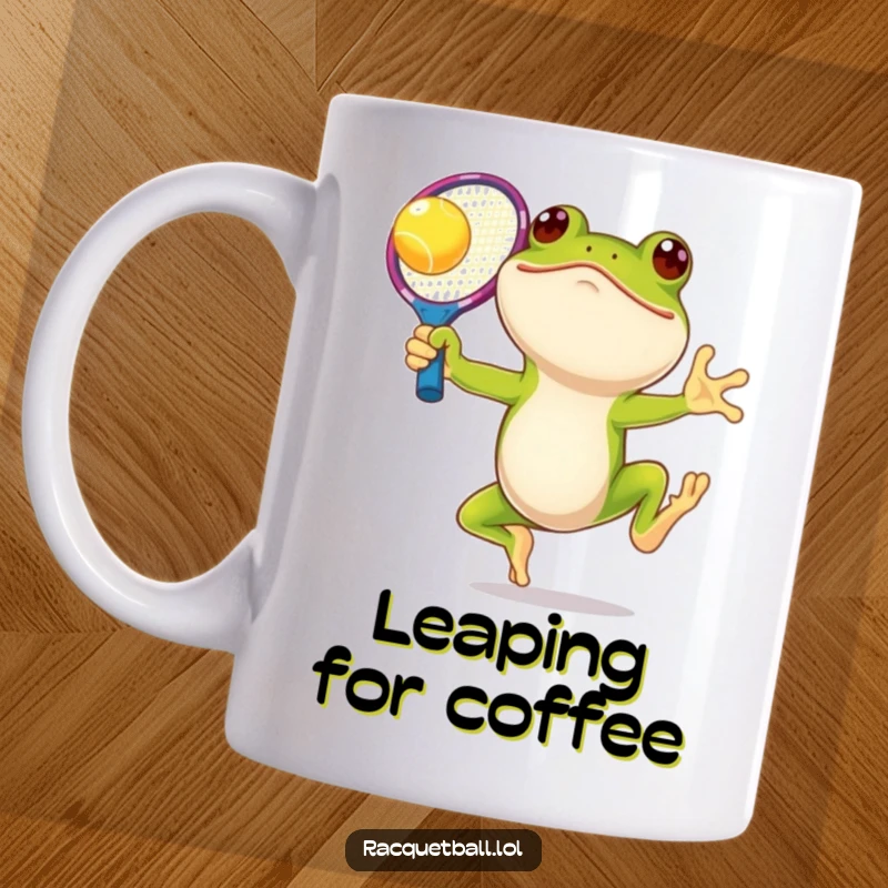 Funny frog tennis mug, a smiling amphibian leaping high to hit a ball with an oversized, colorful racquet, embodying playful action.