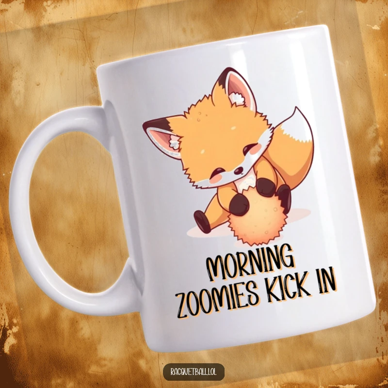 Funny mug showing a playful fox cub sliding dramatically across a surface to return a tiny, fuzzy ball.