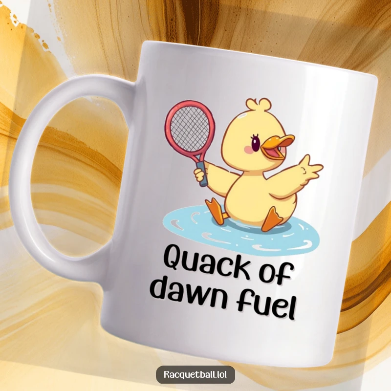 Funny duck tennis mug showing a cute duck dramatically sliding with its racquet outstretched for a save.