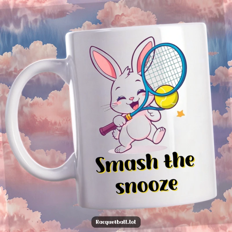 Funny cheerful bunny enthusiastically smashing a colorful racquetball with extreme energy on a mug.