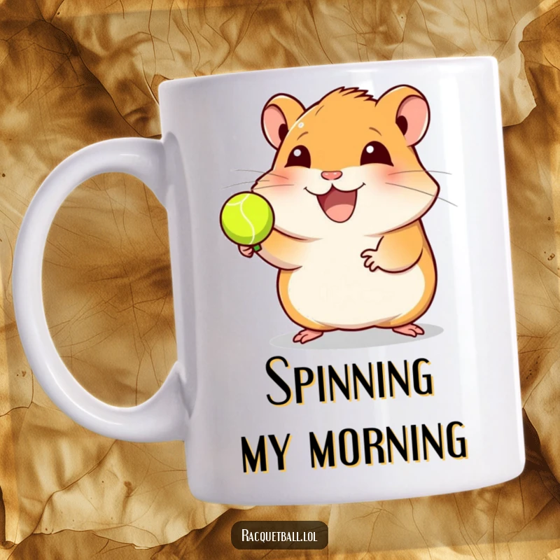 Funny hamster mug with a joyful expression spinning a racquetball on its finger, perfect for sports fans and pet lovers, a humorous gift.
