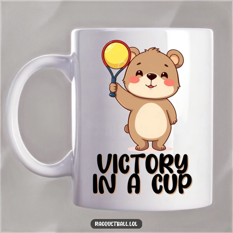 Funny Mug: Curious bear character proudly displaying a minuscule racquetball, celebrating a small athletic achievement.