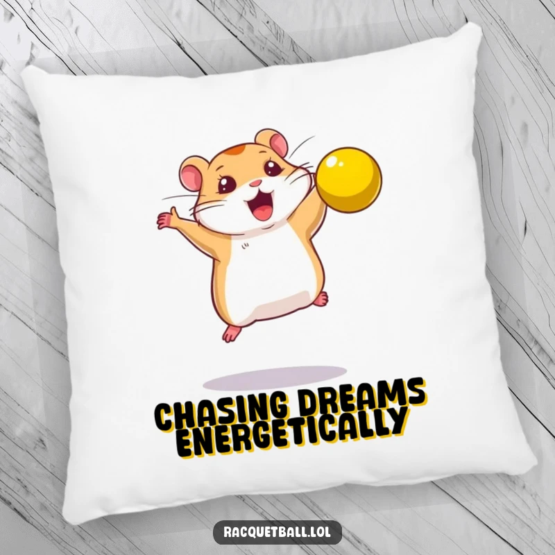 Funny pillow designed as a determined hamster leaping to smash a bright yellow ball, offering comfort.