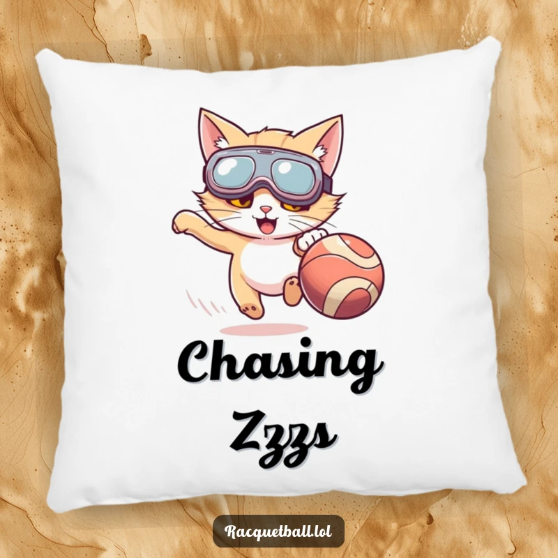 Funny pillow featuring a cat with oversized goggles enthusiastically chasing a fast-moving ball, bringing playful energy and comfort.