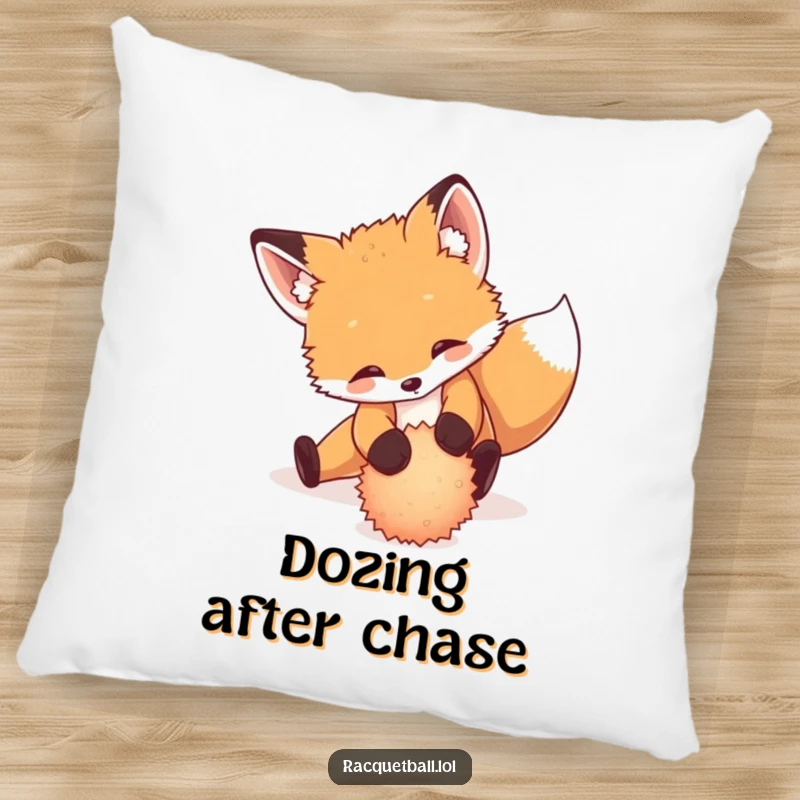 Funny pillow with a playful fox cub sliding dramatically to return a tiny, fuzzy ball, soft comfort.