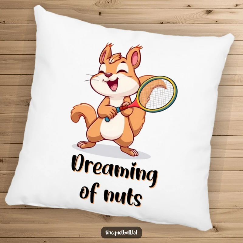 Funny squirrel tennis pillow showing a joyful squirrel swinging a tiny racquet with immense effort.