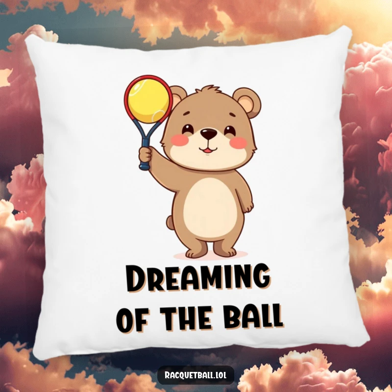 Funny Pillow: Curious bear character triumphantly holding a tiny racquetball, a soft and humorous decorative item.