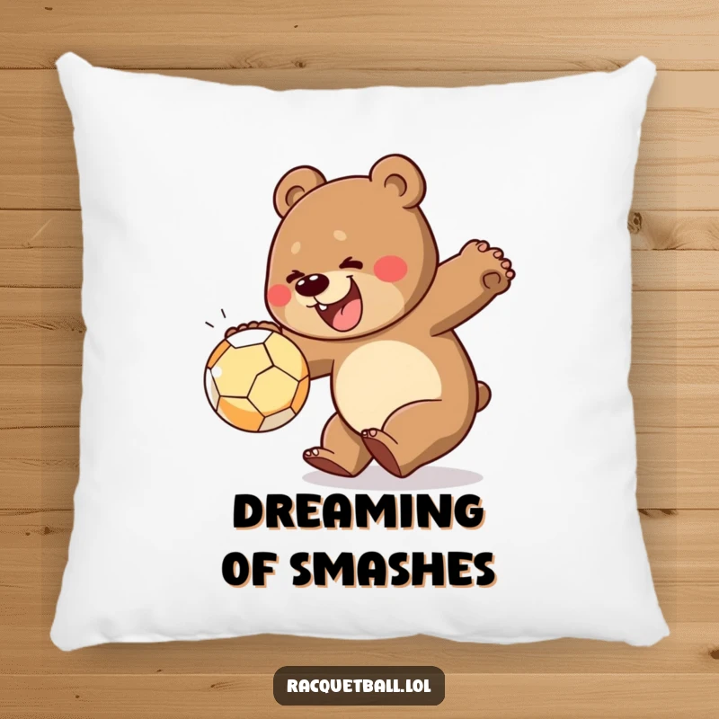 Funny pillow showcasing a cheerful bear energetically smashing a ball, offering soft comfort and a dose of playful humor.