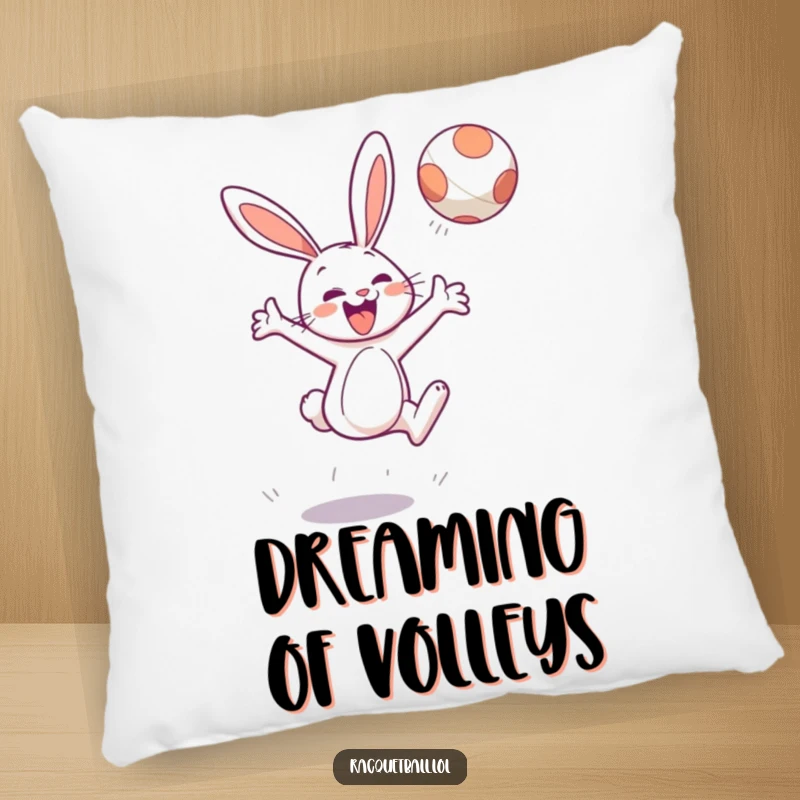Funny pillow with a cheerful bunny character leaping high to hit a floating ball, soft comfort.