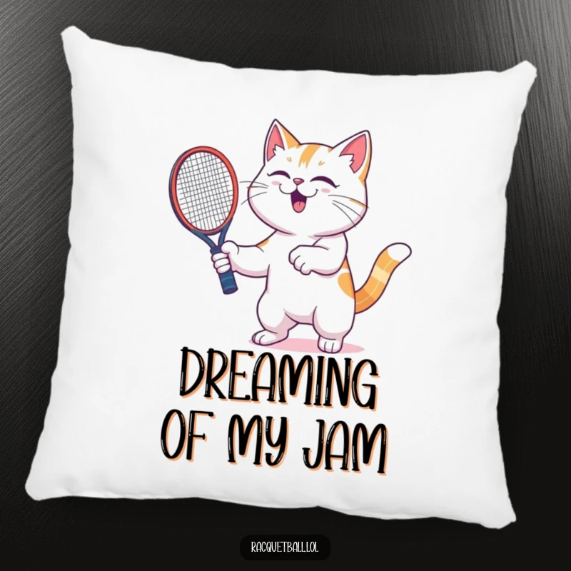 Funny cat pillow with a happy cat vigorously shaking a racquetball racquetboard, embodying the thrill of victory and playful energy.