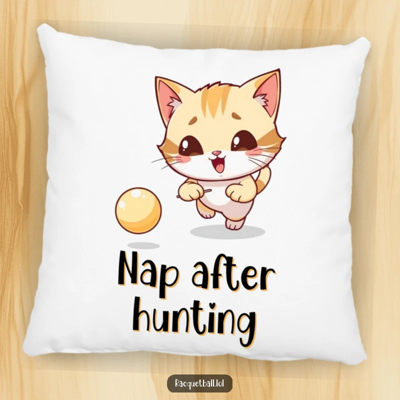 Funny pillow with a giggling cat character intensely focused on chasing a bouncing ball, soft comfort.
