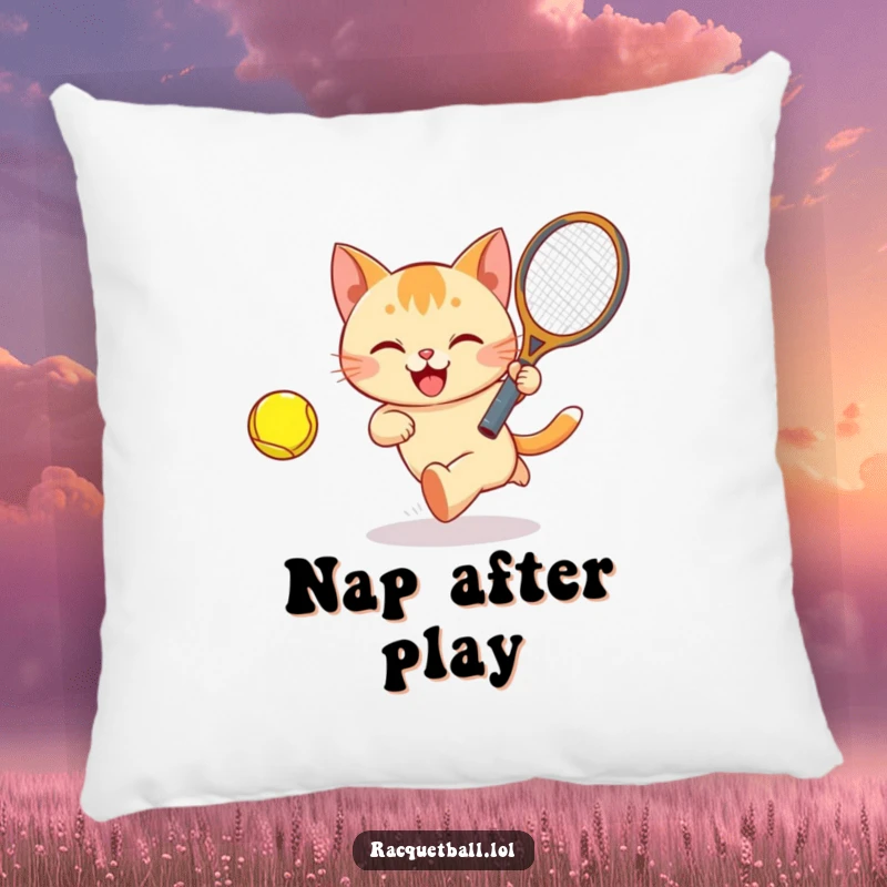 Funny Cat Tennis Pillow with a happy cat bounding after a ball with a racquet, providing comfort and a dose of sporting humor.