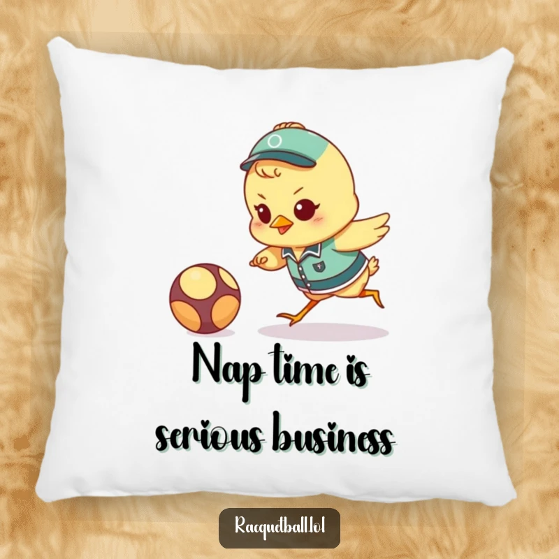 Funny chick sports pillow showing a tiny bird in uniform in mid-lunge for a ball, adding comfort and humor to home decor.