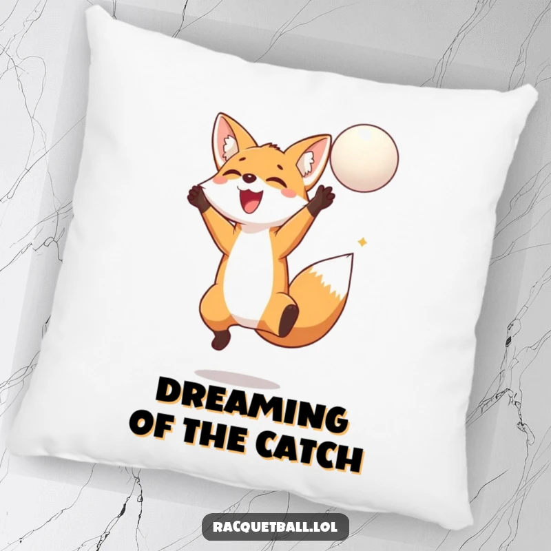 Funny fox pillow showing a happy fox joyfully jumping high to hit a floating ball, adding a touch of whimsical comfort.
