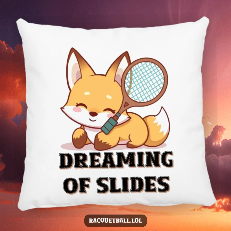 Funny Fox Slide Pillow with a smiling fox sliding on its belly with a racquet, providing comfort and a dose of playful humor.