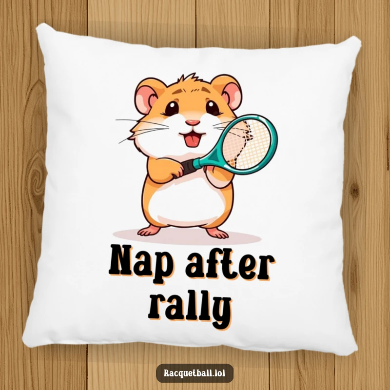 Funny pillow showing a determined hamster character swinging a miniature plastic tennis racquet, soft comfort.