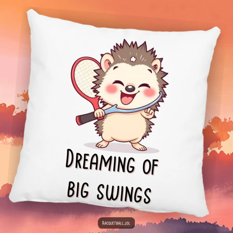 Funny pillow featuring a small hedgehog with a wide giggle, holding a comically oversized racquetball paddle, perfect for cozy moments.