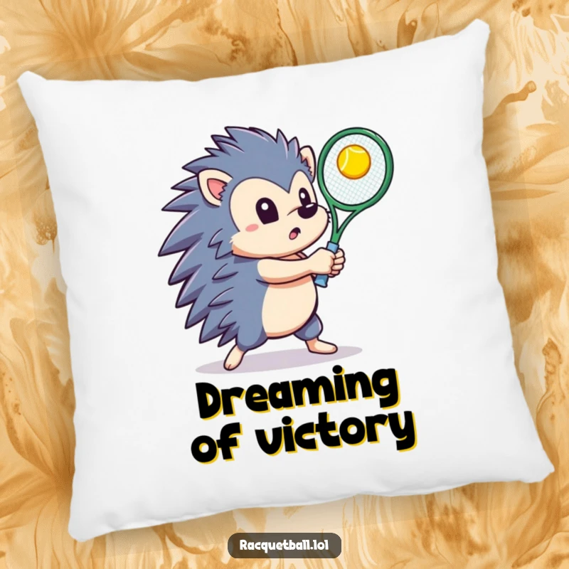 A determined hedgehog swinging a tennis racquet upwards to hit a ball, featured on a soft and comfortable decorative pillow.