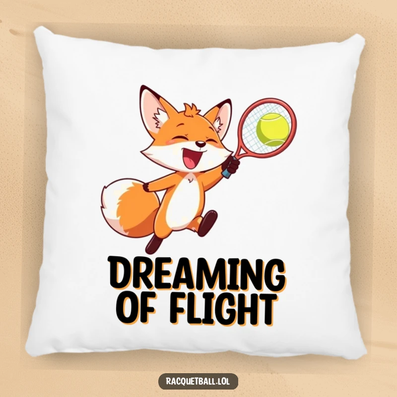 Funny decorative pillow, a joyful fox smashing a racquetball mid-air, offering comfort and energetic appeal.
