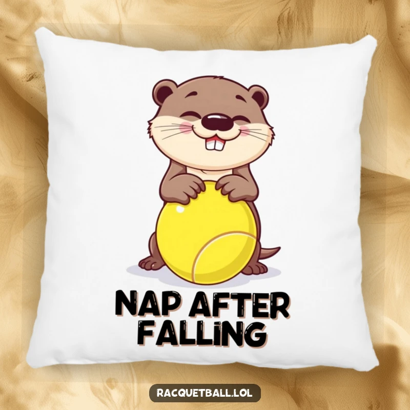 Funny decorative pillow, a playful otter tripping over a giant racquetball, offering comfort and comedic appeal.