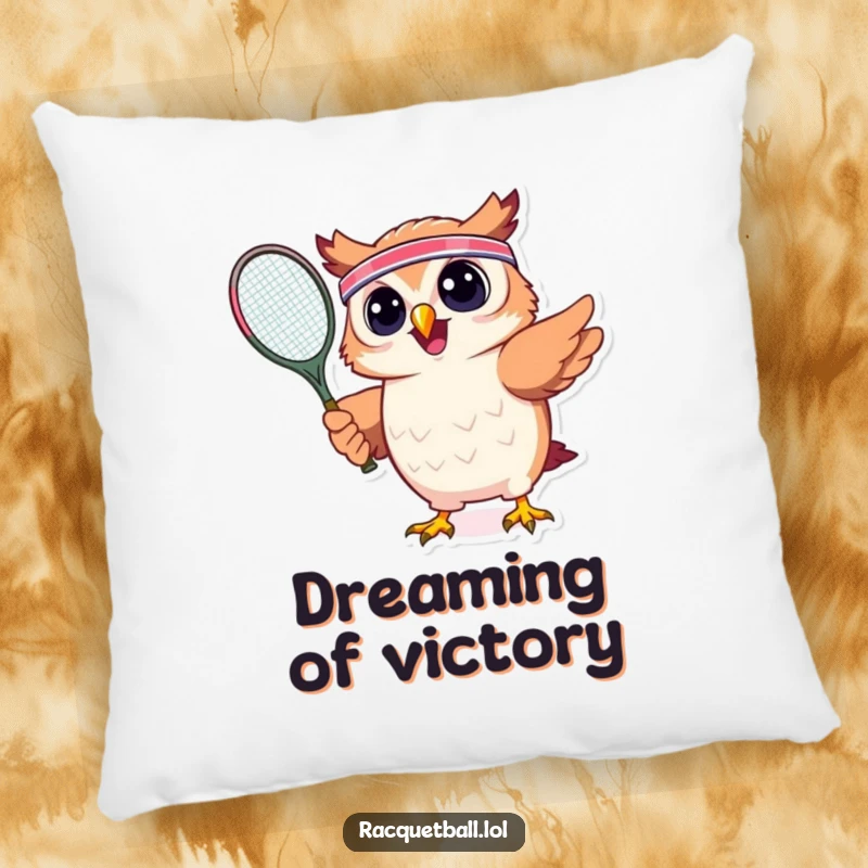 Funny pillow featuring a cheerful owl wearing a headband and swinging a tennis racquet, bringing humorous sports energy to any room.