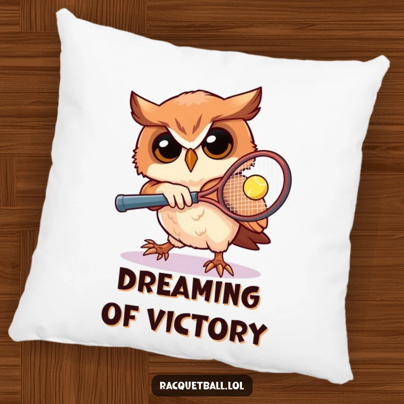 Funny owl tennis pillow showcasing a determined owl playing racquetball, perfect for adding sports-themed comfort and humor to any space, a great gift.