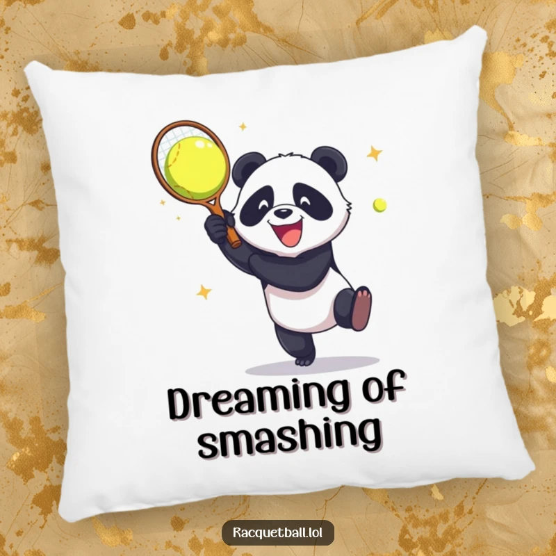 Funny Pillow: A panda aggressively smashes a racquetball against a wall, radiating pure glee, making for a unique and humorous home accessory.