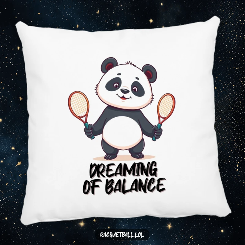 Funny pillow with a curious panda comically juggling two tennis racquets, providing comfort and a humorous design element.