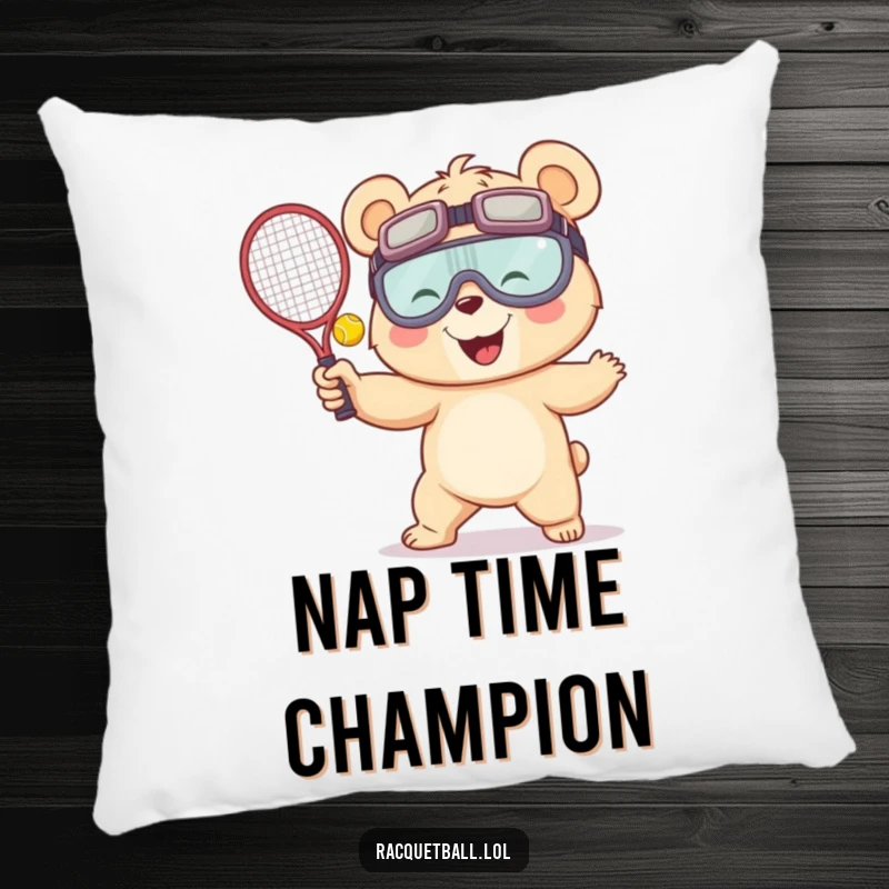 Funny decorative pillow with a giggling bear in oversized goggles serving a racquetball, adding a humorous and playful touch to any room.