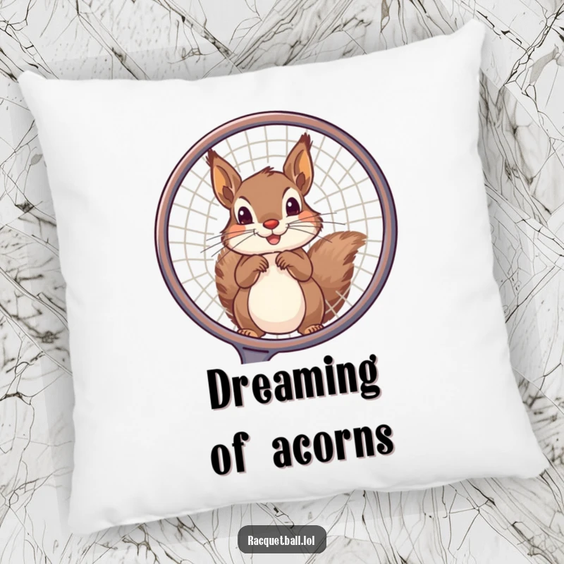 Funny squirrel pillow displaying a playful squirrel peeking through a large racquet frame, bringing humorous sports vibes to any room.