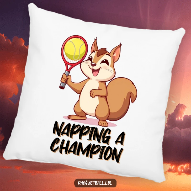 Funny pillow featuring a squirrel in a celebratory victory pose with a racquetball, adding soft, humorous triumph to any space.