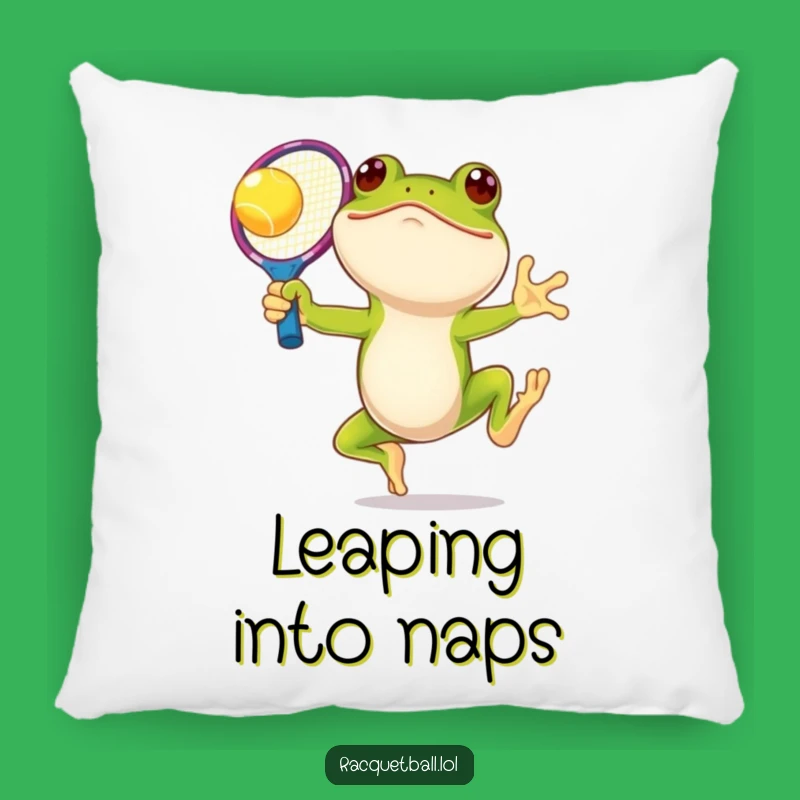 Funny Frog Tennis Pillow: Plush Leaping Racquet Comfort, Adorable Humorous Gift
