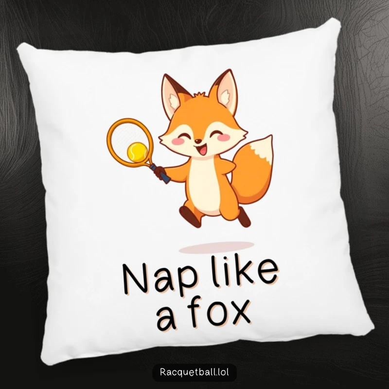 Funny Pillow: A cheerful fox leaping to hit a racquetball with a tiny racquet, adding a touch of playful comfort to any room.