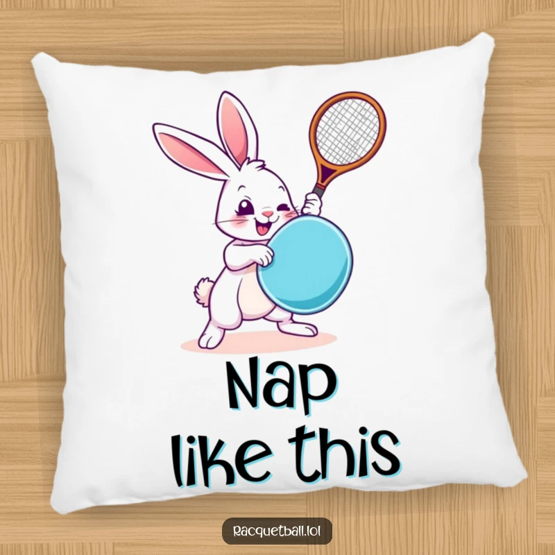 Funny Rabbit Pillow: A plush pillow showcasing a cartoon rabbit energetically swinging a racquetboard, adding comfort and humor to any room.