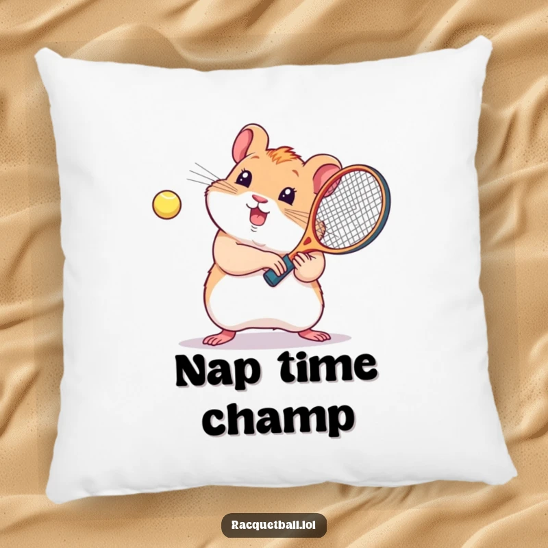 Funny decorative pillow, a cute kawaii hamster playing racquetball, offering soft comfort and playful energy.